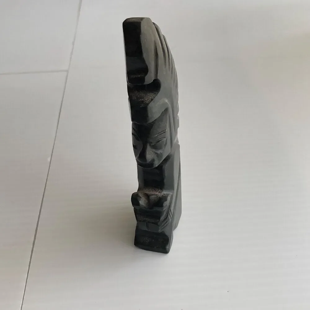Hand-carved Aztec Head with Headdress Statue Black Obsidian 5 x 2 x 0.75 inches